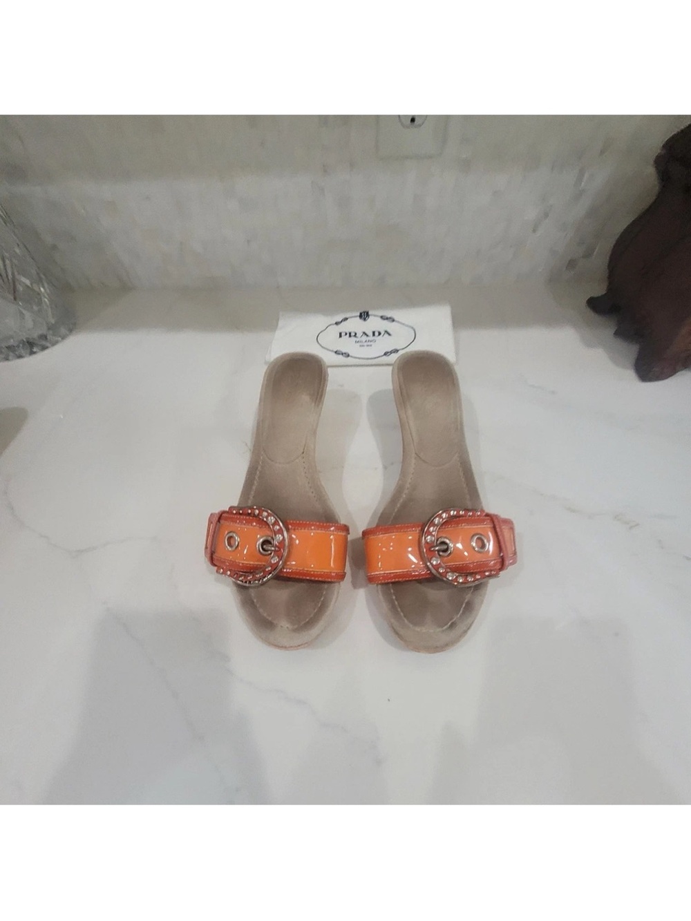 Prada Orange Patent Buckle Slide Mules - Women